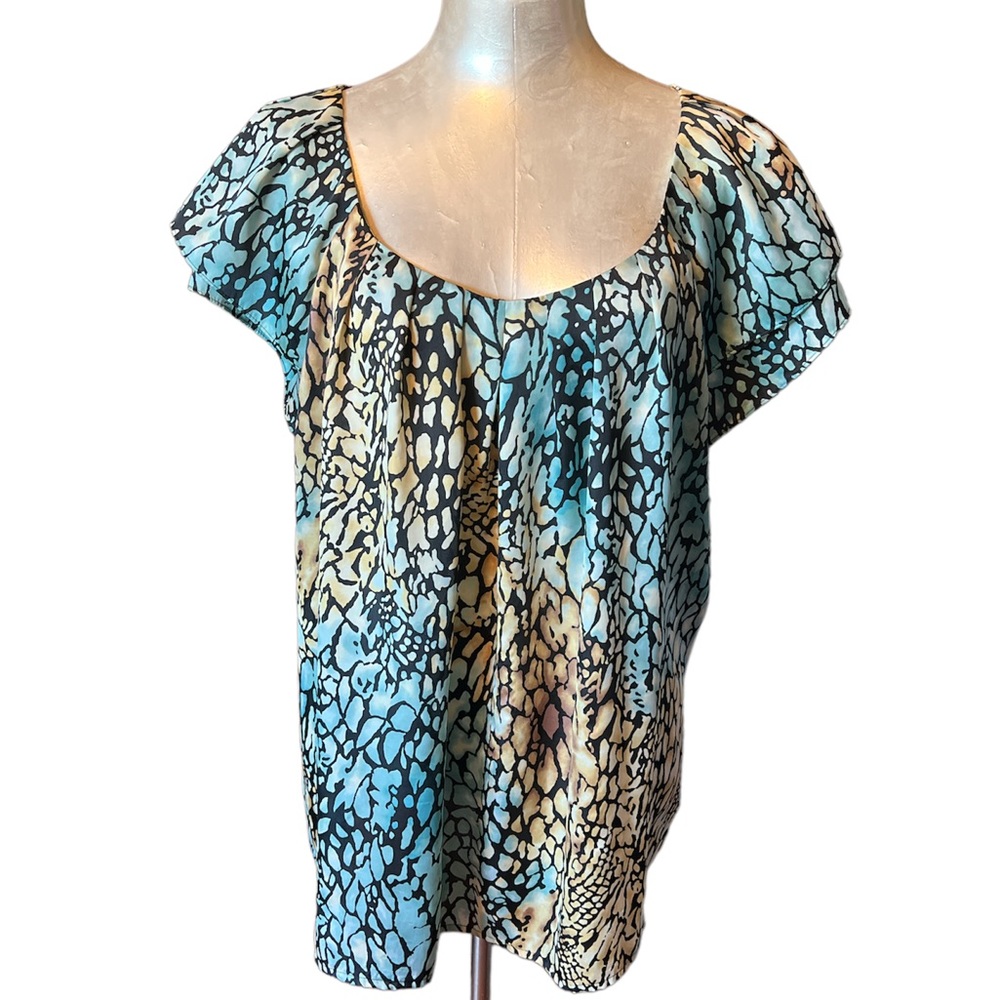Dressbarn Animal Print Top 3X Plus Size Blue Abstract Scoop Neck Short Sleeve